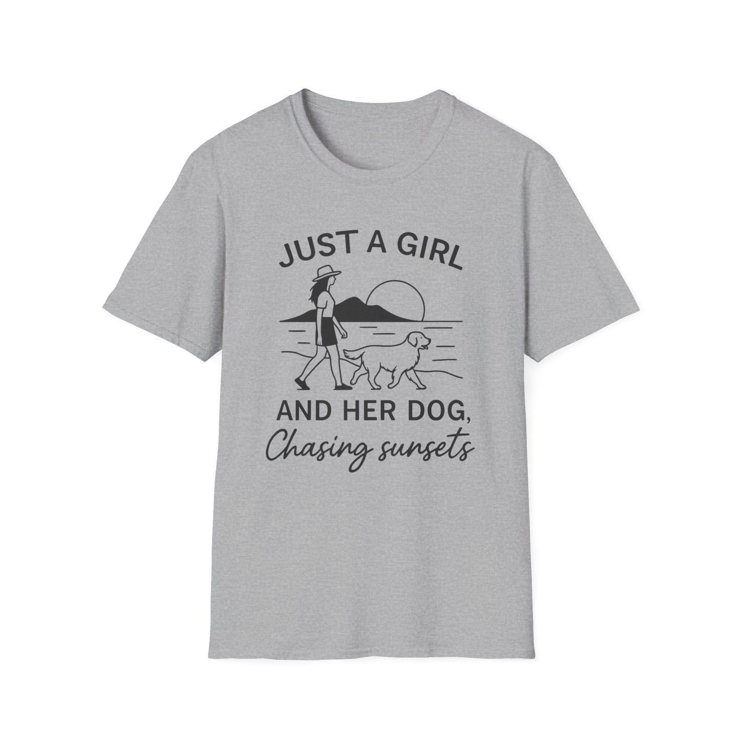 Girl and Dog Chasing Sunsets T-Shirt