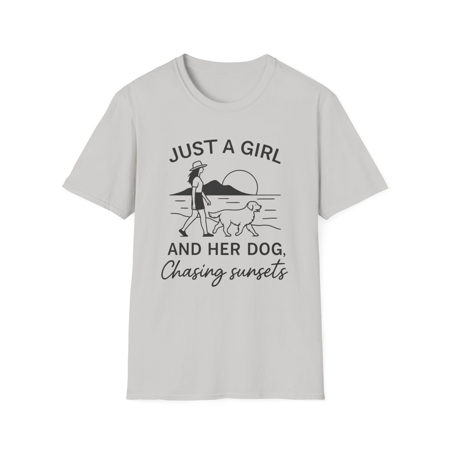 Girl and Dog Chasing Sunsets T-Shirt