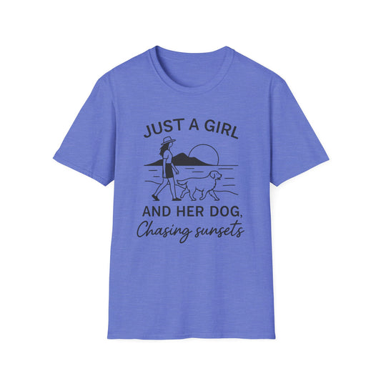 Girl and Dog Chasing Sunsets T-Shirt