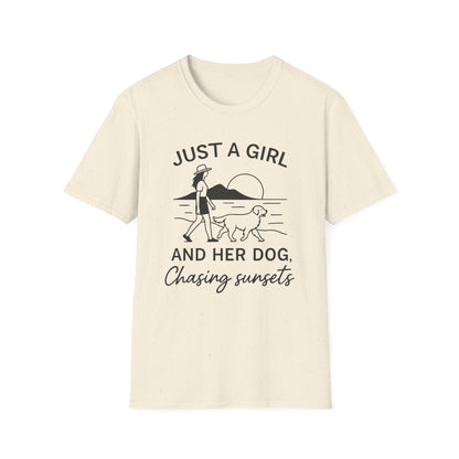 Girl and Dog Chasing Sunsets T-Shirt