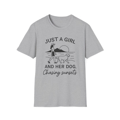 Girl and Dog Chasing Sunsets T-Shirt