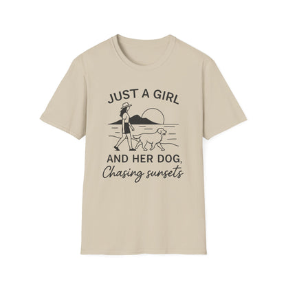 Girl and Dog Chasing Sunsets T-Shirt