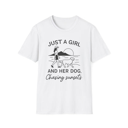 Girl and Dog Chasing Sunsets T-Shirt