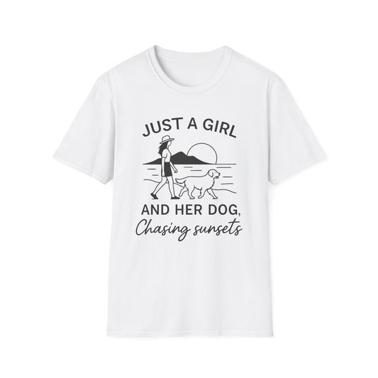 Girl and Dog Chasing Sunsets T-Shirt
