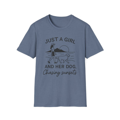 Girl and Dog Chasing Sunsets T-Shirt