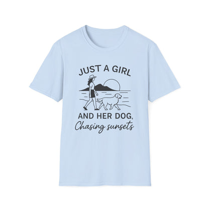 Girl and Dog Chasing Sunsets T-Shirt