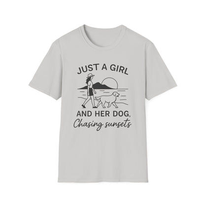 Girl and Dog Chasing Sunsets T-Shirt