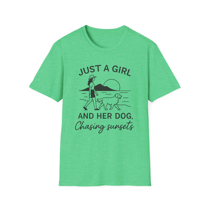 Girl and Dog Chasing Sunsets T-Shirt